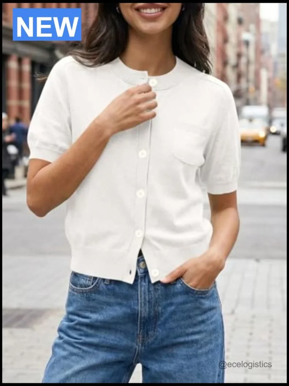 Puff Sleeve Cardigan Crew Neck Button Down Lightweight Knit Summer Top